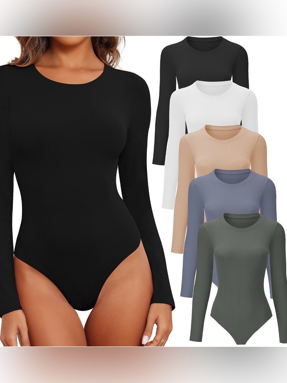 Amazon Women’s Bodysuits Pack of 5 - Black, White, Green, Brown, Slate Blue